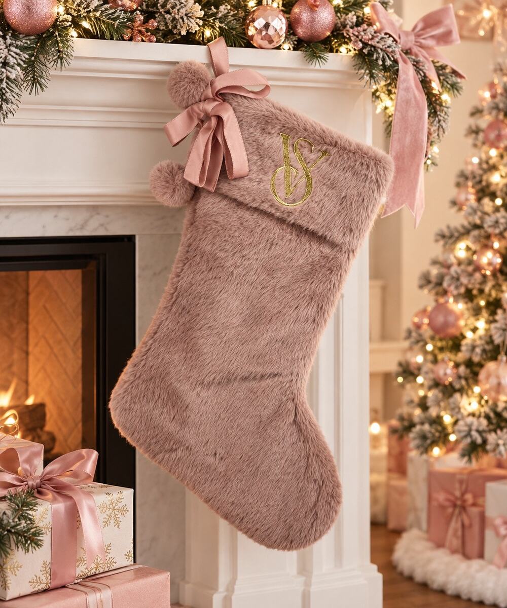 Victoria Secret Mauve Pink Faux Fur Christmas Stocking With Bow Holiday Decor